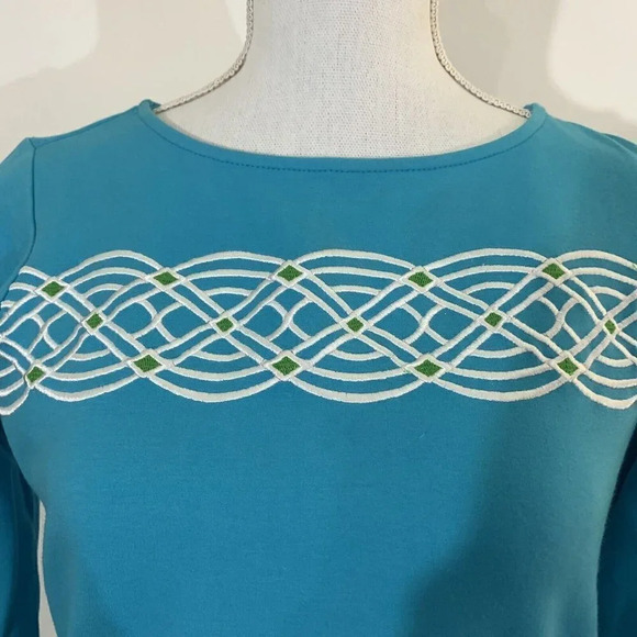 Bob Mackie Wearable Art Embroidered Blouse XXS Blue Green White 3/4 Sleeves Knit - Picture 4 of 8